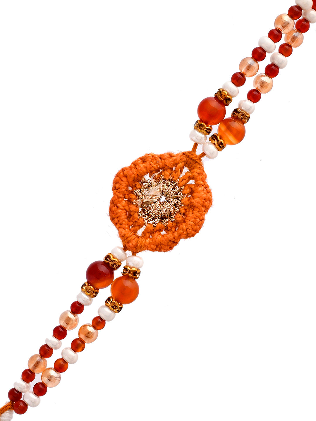 Wool Knitted & Beaded Red and Orange Rakhi - Only Rakhi (PRS2378)