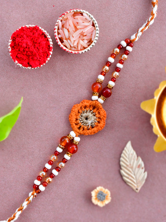 Wool Knitted & Beaded Red and Orange Rakhi - Only Rakhi (PRS2378)