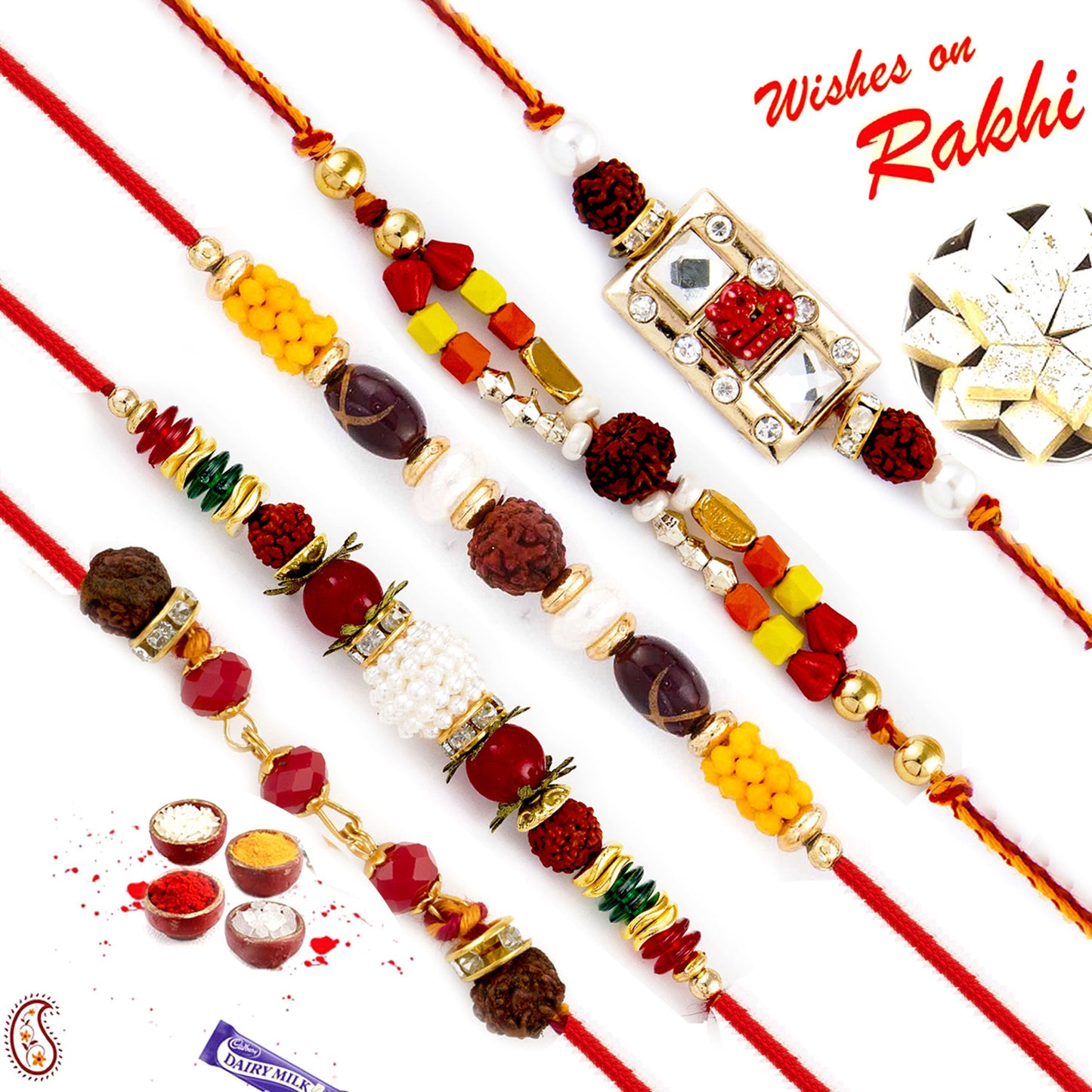 Aapno Rajasthan Set of 5 Lovely Multicolour Beads Studded Rudraksh Rakhi - Default Title (PST19514)