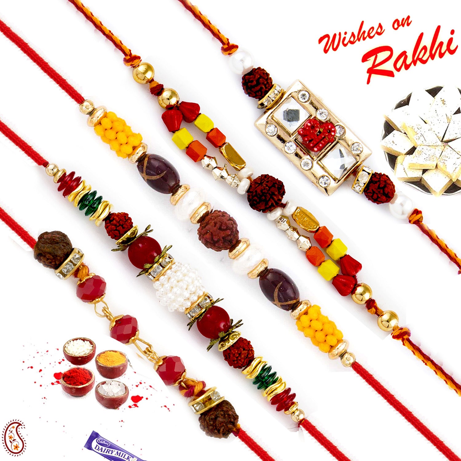 Aapno Rajasthan Set of 5 Lovely Multicolour Beads Studded Rudraksh Rakhi - Default Title (PST19514)