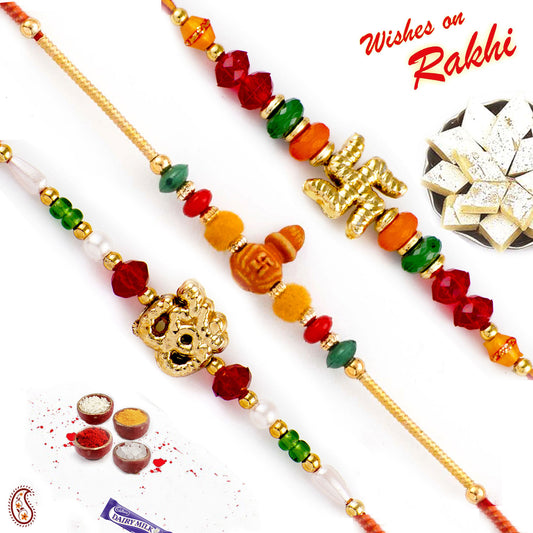 Aapno Rajasthan Set of 3 Divine Motifs and Multicolor Beads Mauli Thread Rakhi - Default Title (PST20303)