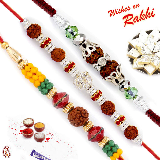 Aapno Rajasthan Set of 3 Multicolour Shade Pretty Beads and Rudraksh Rakhi - Default Title (PST20305)