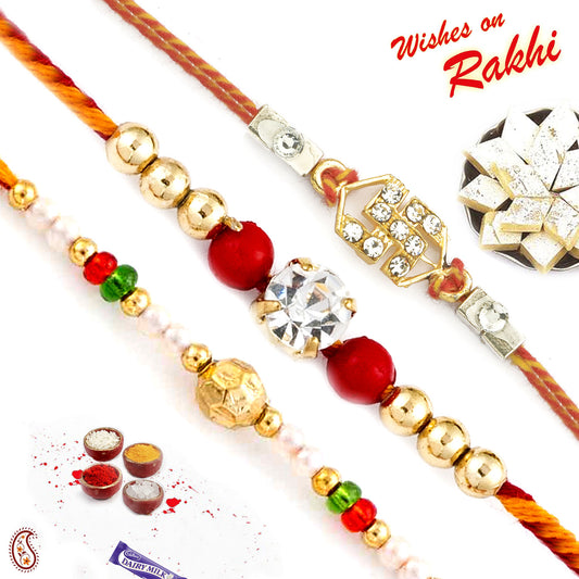 Aapno Rajasthan Set of 3 Golden Beads and American Diamond Rakhi - Default Title (PST20312)