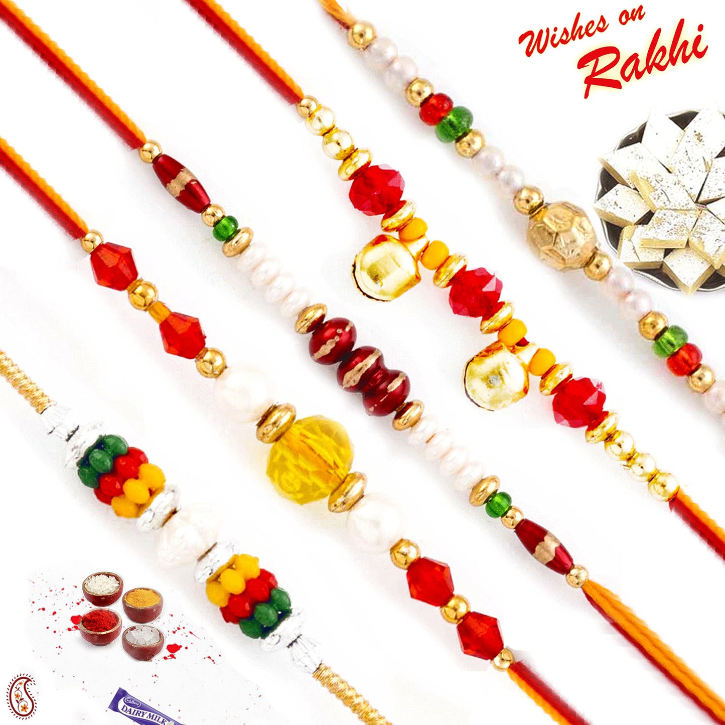 Aapno Rajasthan Set of 5 Multicolour Round Beads Thread Rakhi - Default Title (PST20501)