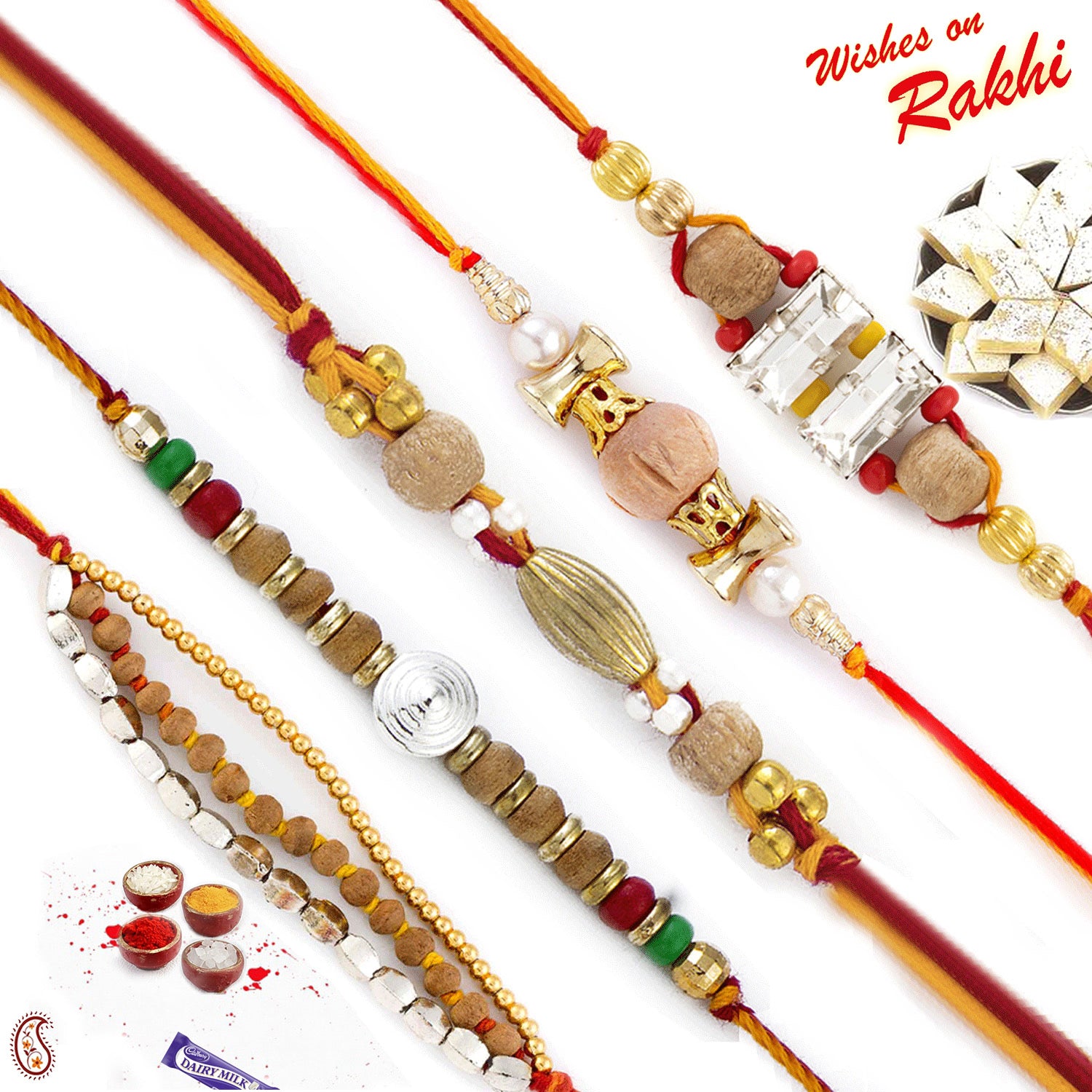 Aapno Rajasthan Set of 5 Traditional Sandalwood Beads Mauli Rakhi - Default Title (PST20502)