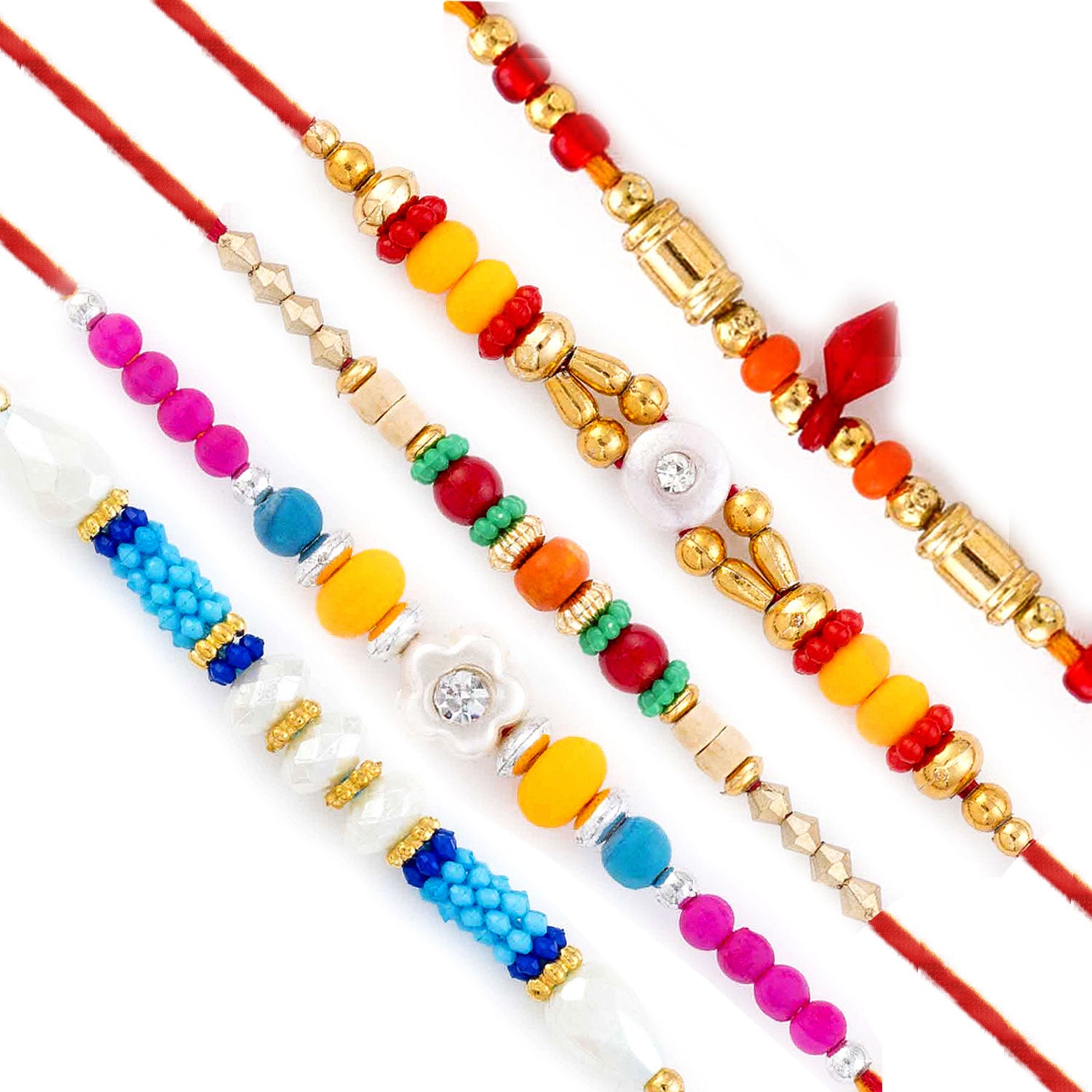 Aapno Rajasthan Set of 5 Multicolour Beads Thread Rakhi - Default Title (PST20506)