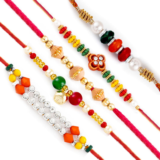 Aapno Rajasthan Set of 5 AD Embellished Golden Beads Rakhi - Default Title (PST20508)