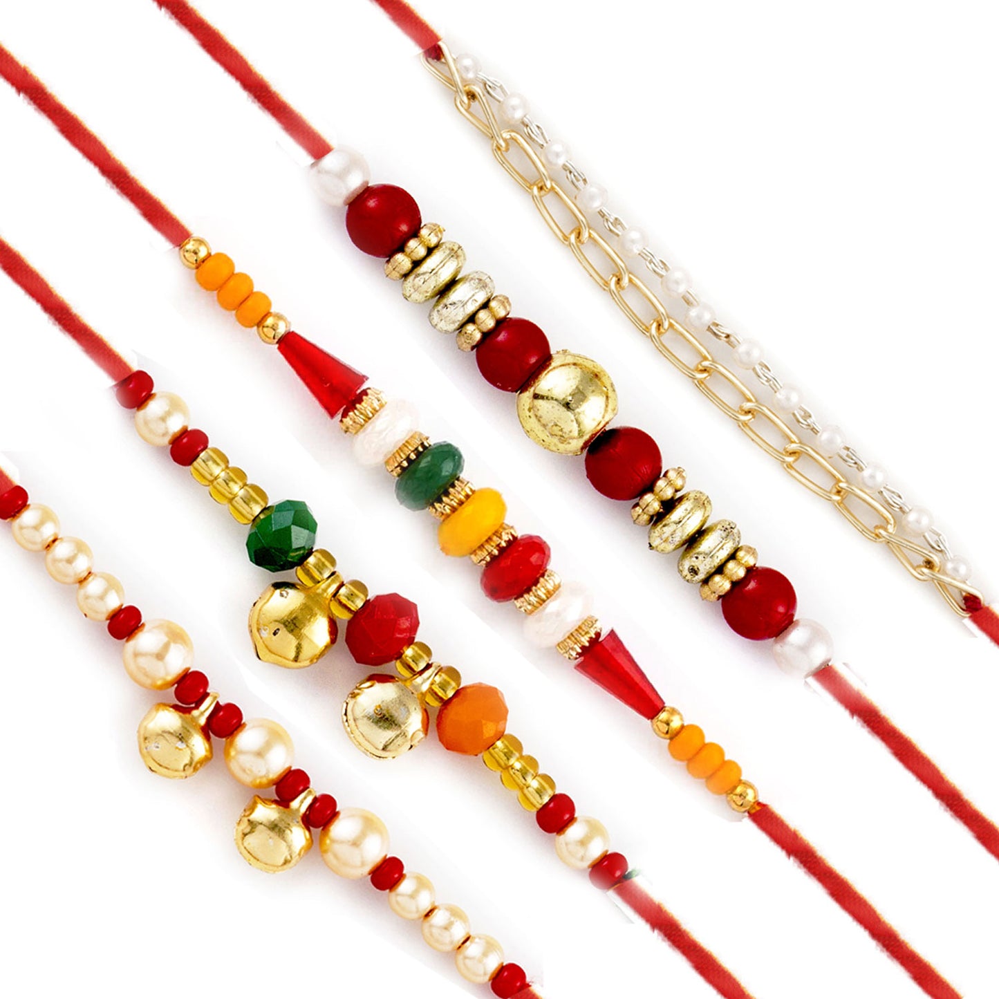 Aapno Rajasthan Set of 5 Traditional Design Golden Beads Rakhi - Default Title (PST20509)