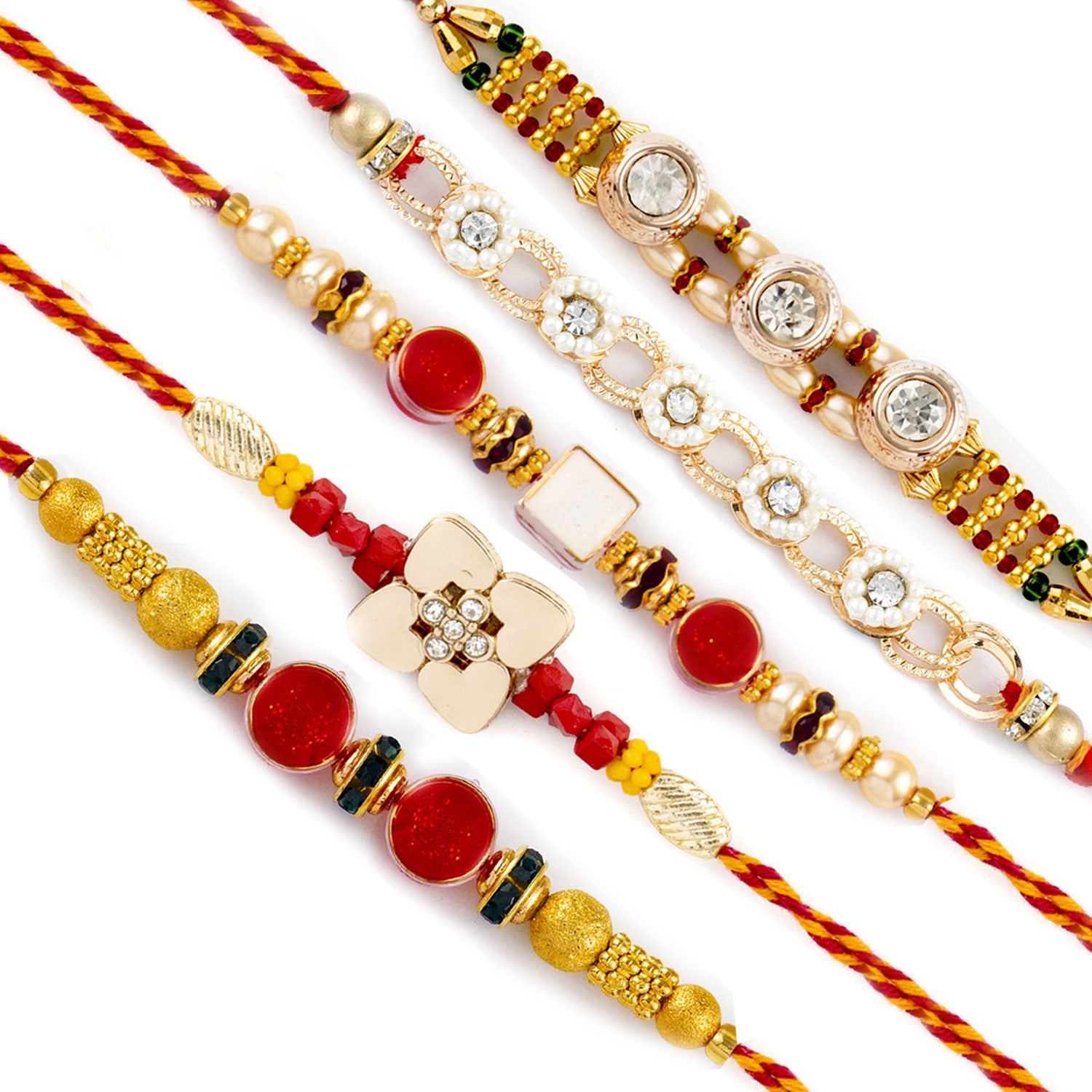 Aapno Rajasthan Set of 5 Multicolour Solid Beads AD Studded Rakhi - Default Title (PST20519)