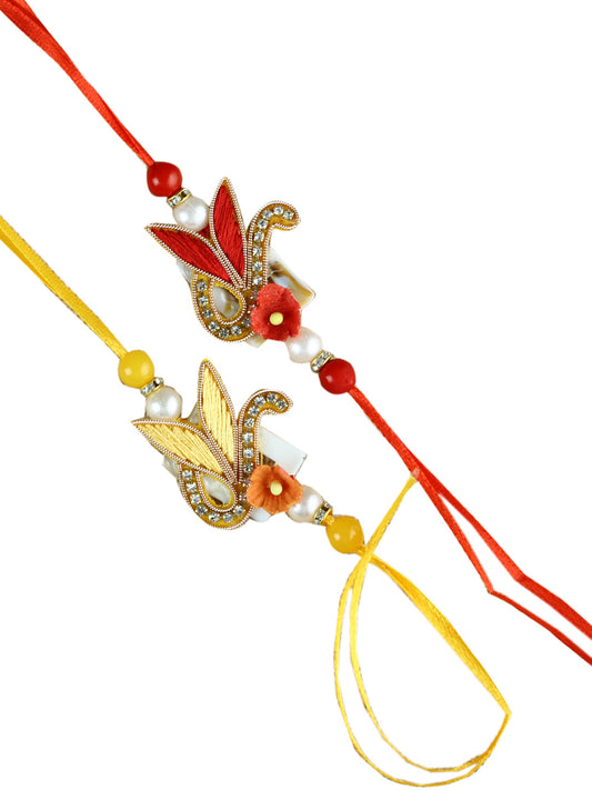 Red and Yellow Fabric Traditional Rakhi Set of Two - Default Title (PST21201)