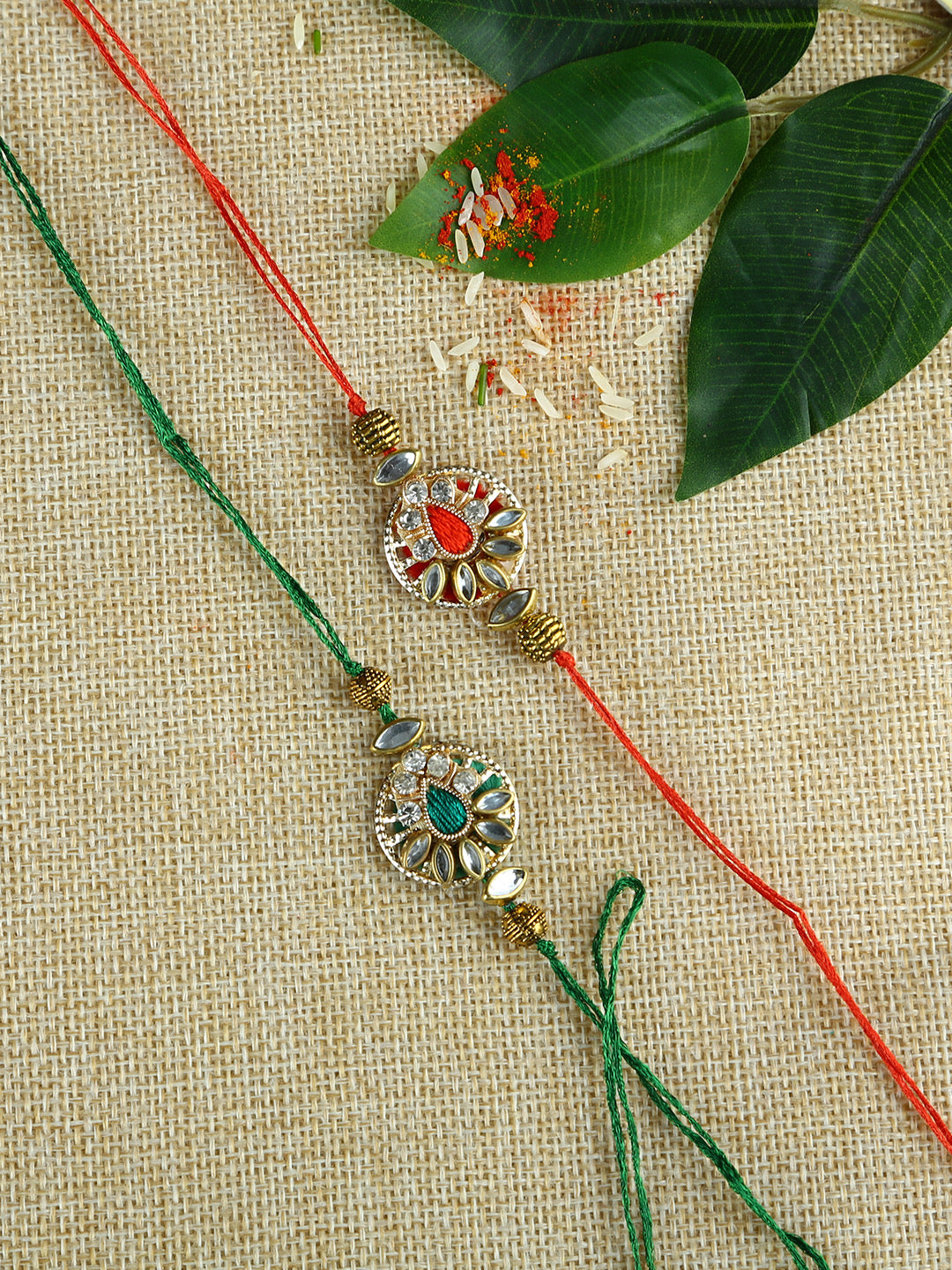 Red and Green Kundan Meena Handcrafted Rakhi Set of Two - Default Title (PST21202)