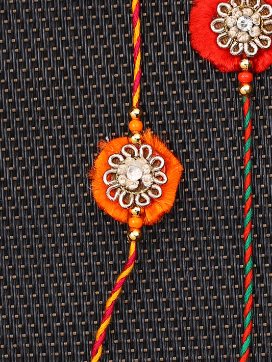 Set of 2 Traditional Flower Design Bhaiya Rakhi in Red and Orange - Default Title (PST21212)