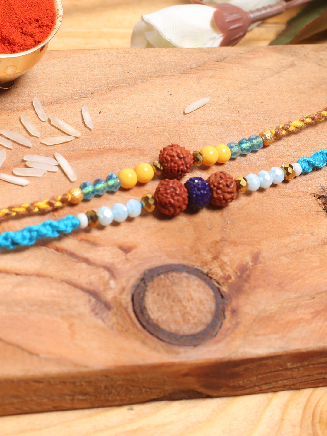 Handcrafted Rudraksha Yellow and Blue Set of Two Rakhi - Default Title (PST21216)