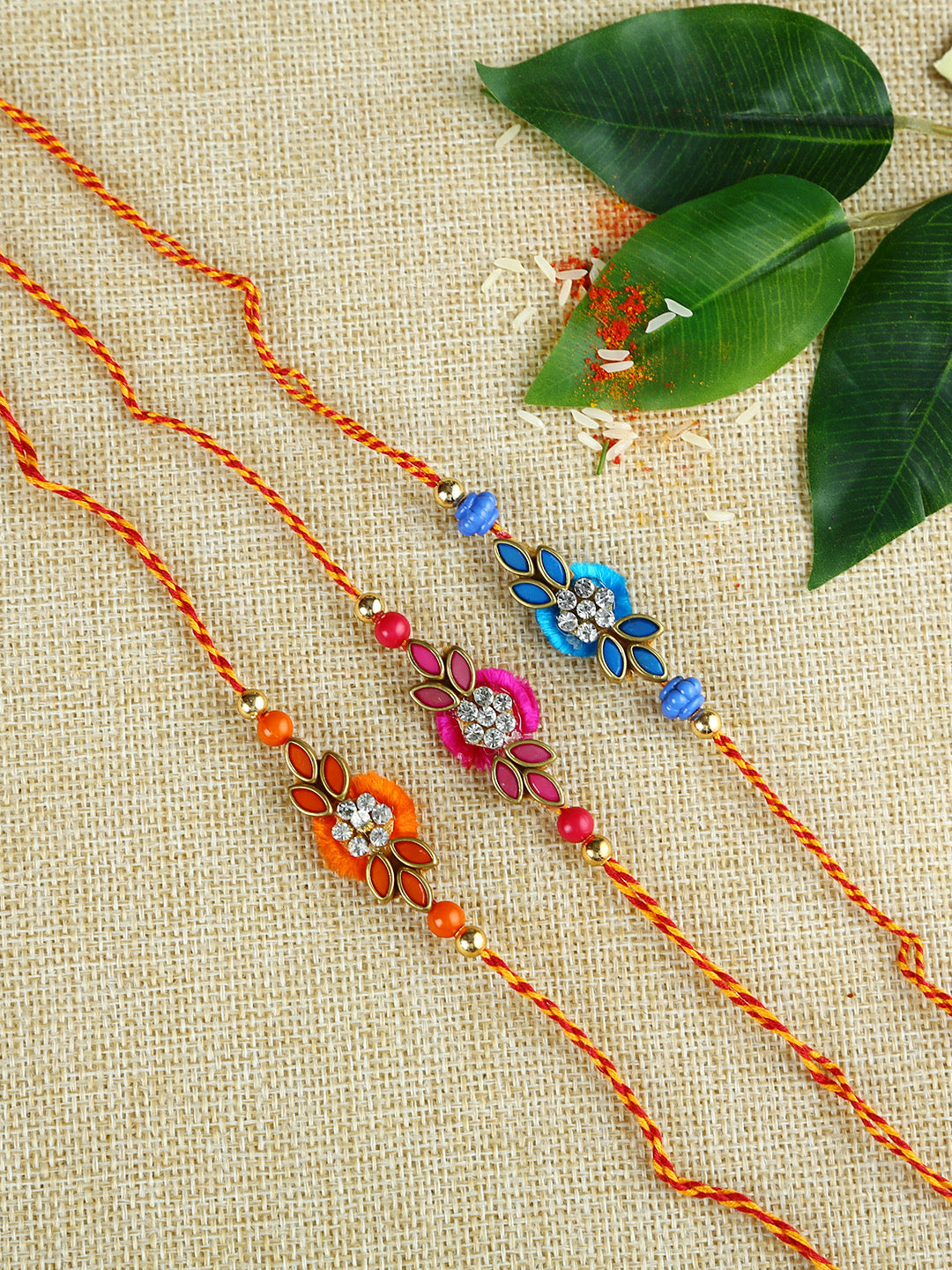 Set of Three Rakhi with Colors Orange, Pink and Indigo in Traditional Handcrafted Beads-Work - Default Title (PST21301)