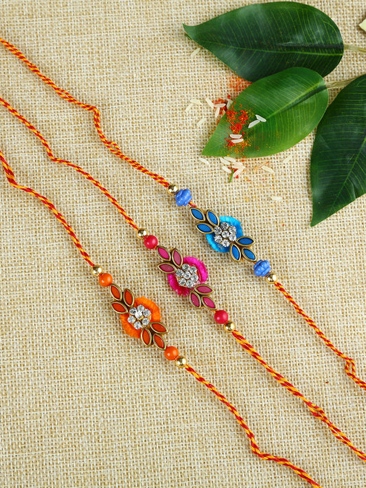 Set of Three Rakhi with Colors Orange, Pink and Indigo in Traditional Handcrafted Beads-Work - Default Title (PST21301)