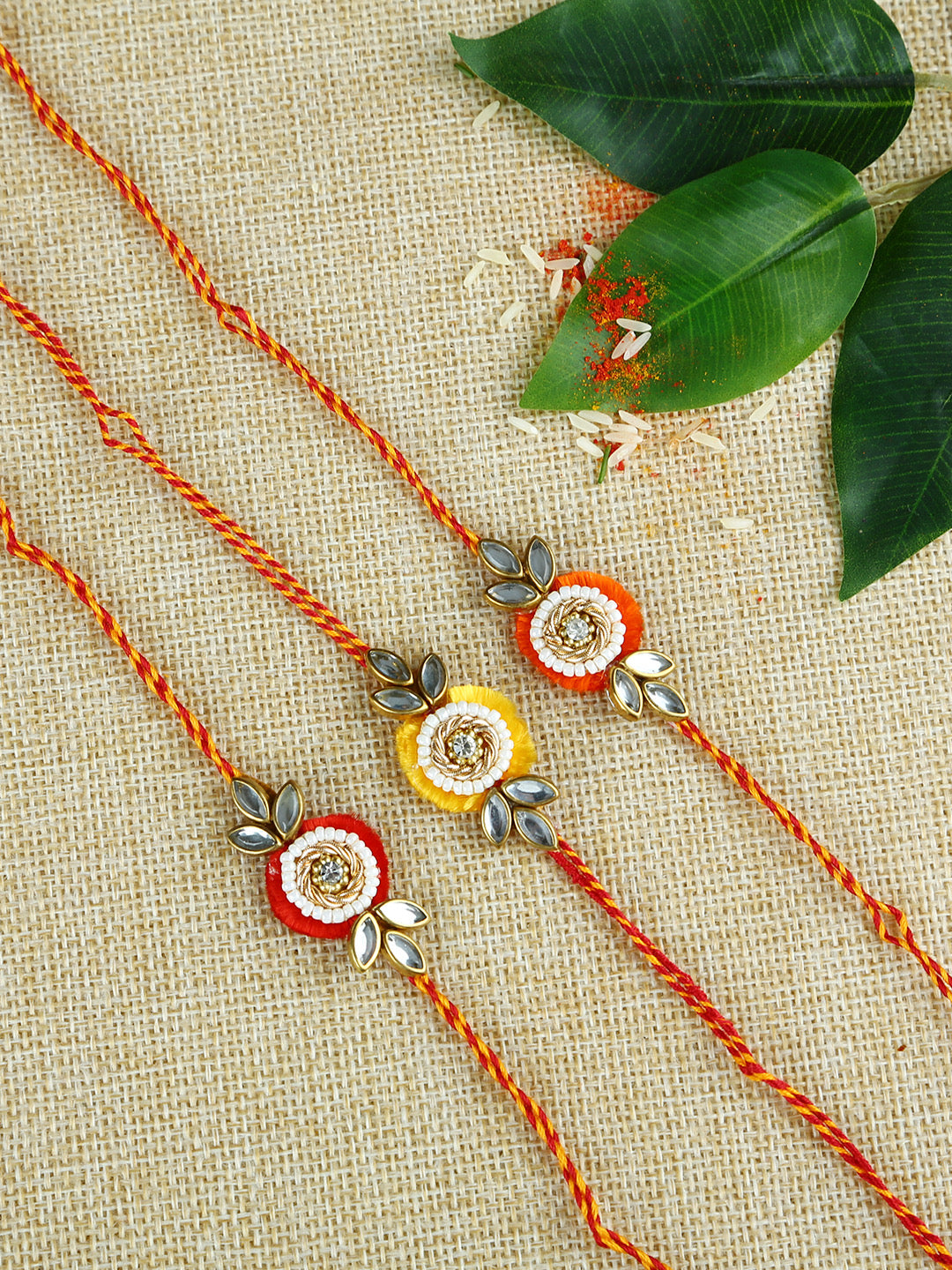 Handcrafted Modern Style Rakhi with Embellished Kundan Meena and Beads Set of Three - Default Title (PST21302)