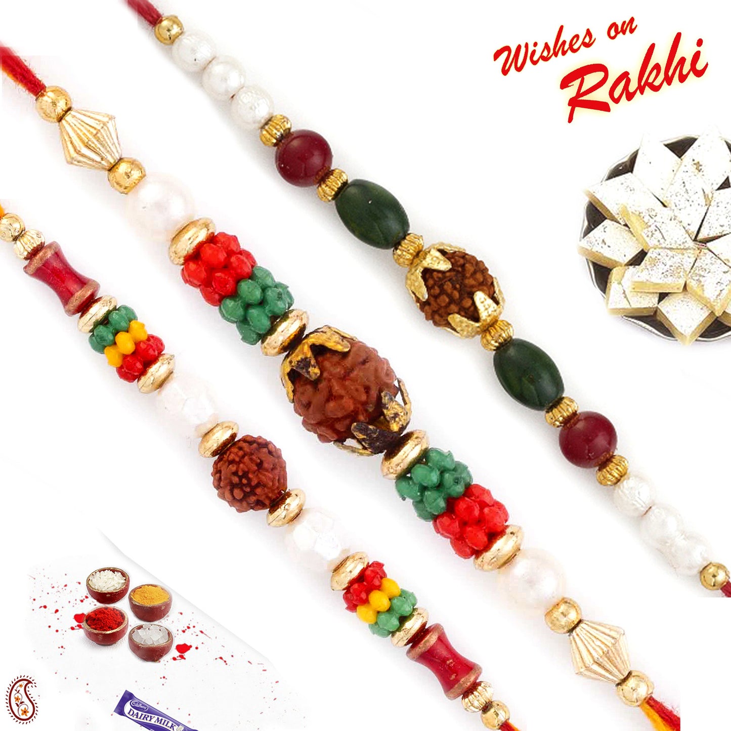 Aapno Rajasthan Set of 3 Coloured Beads Rudraksh Rakhi Set - Default Title (PST21306)