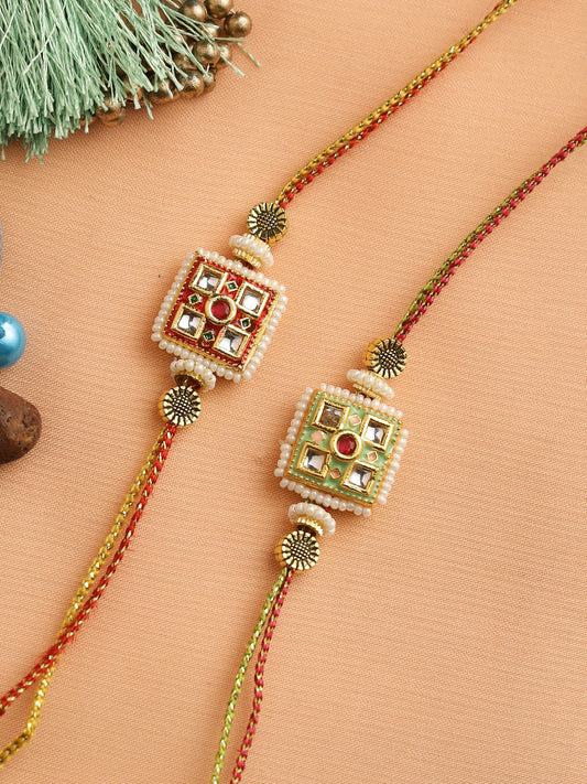 Handcrafted Square Shaped Kundan Work Rakhi Pack of Two - Only Rakhi (PST22610_2)