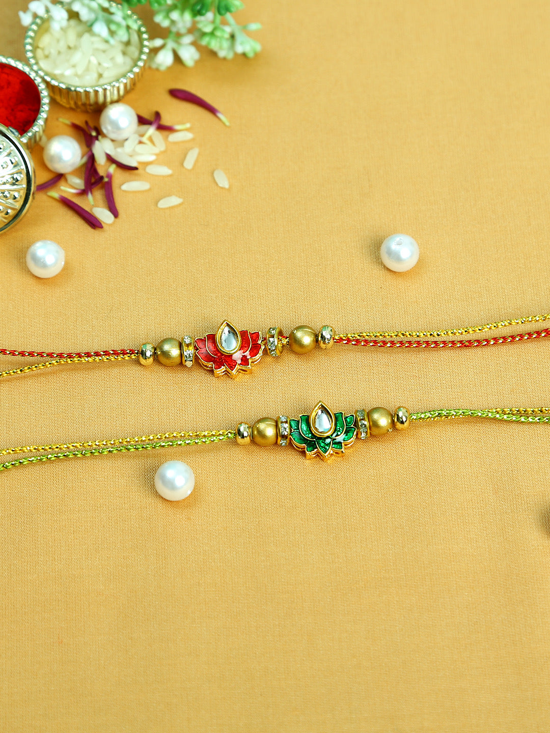 Lotus Shape Kundan Rakhi Set of Two - Only Rakhi (PST22619_2)