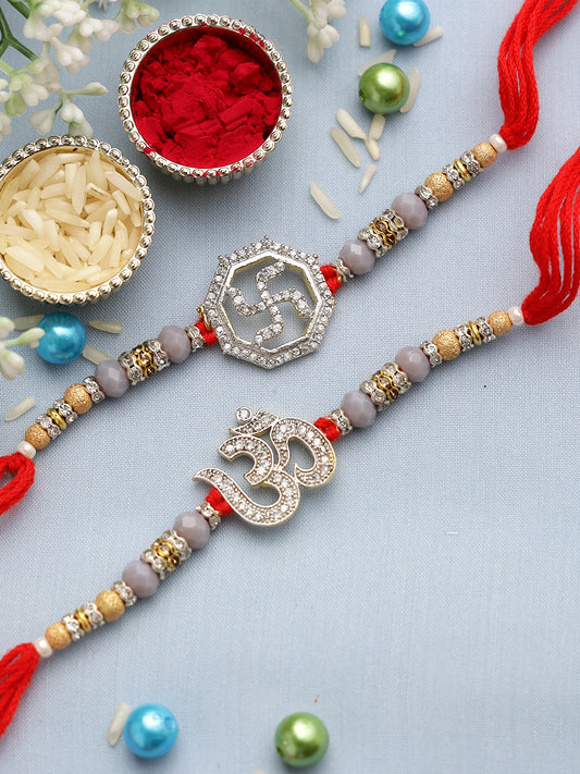 Diamond Embedded Swastika and Om Rakhi Set of Two - Only Rakhi (PST22638_2)