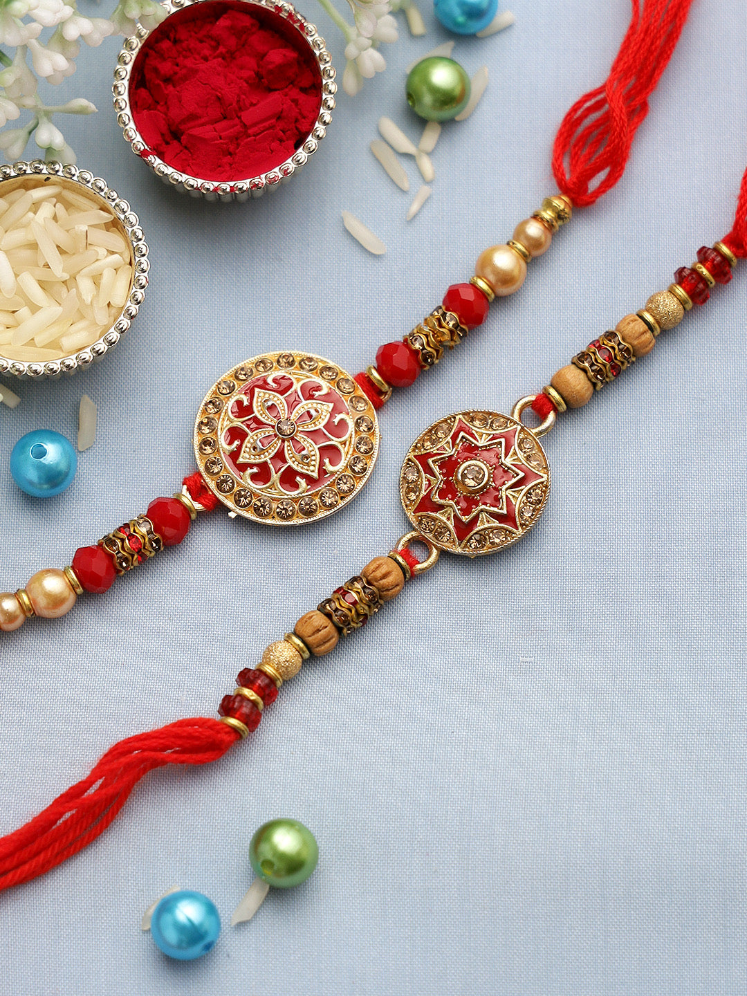 Traditional Red and Golden Rakhi Set of Two - Only Rakhi (PST22639_2)