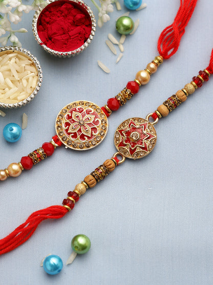 Traditional Red and Golden Rakhi Set of Two - Only Rakhi (PST22639_2)