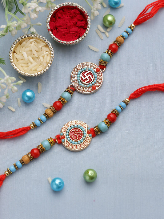 Blue Beaded Om and Swastika Rakhi Set of Two - Only Rakhi (PST22650_2)