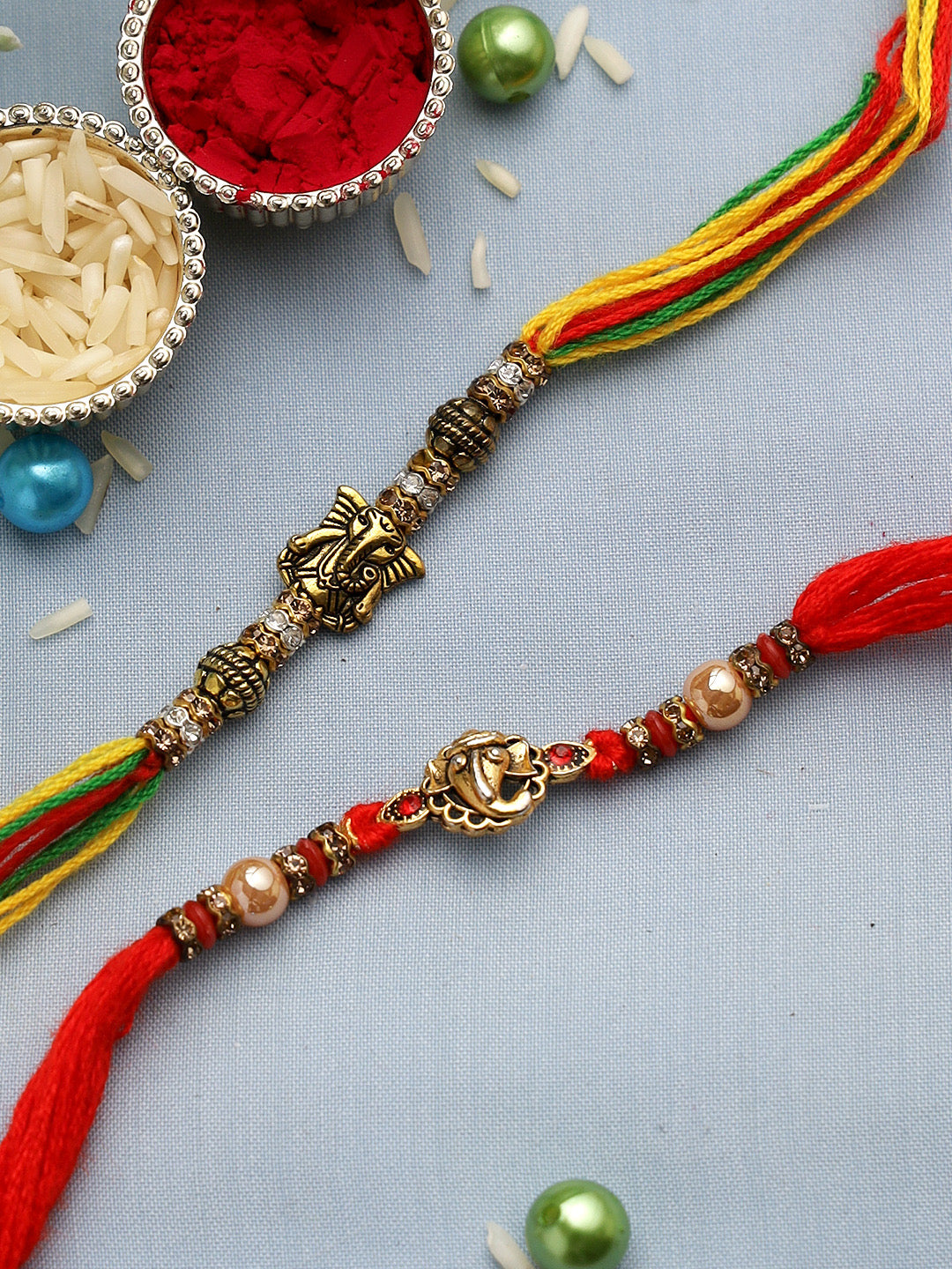 Small Antique Ganesha Rakhi Set of Two - Only Rakhi (PST22655_2)