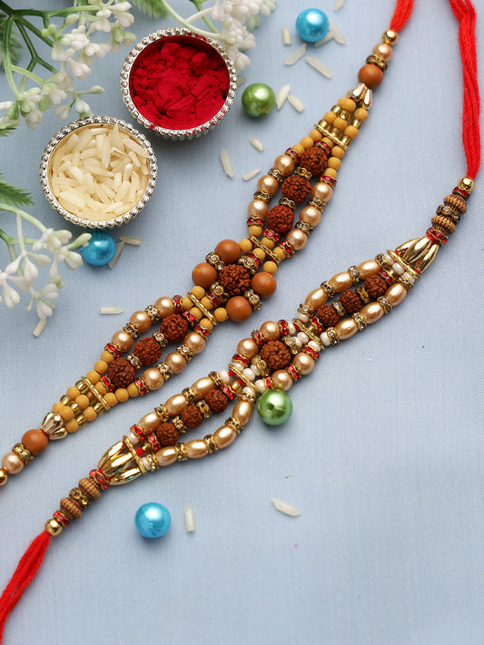 Golden Beads with Rudaraksh Rakhi Set of Two - Only Rakhi (PST22667_2)