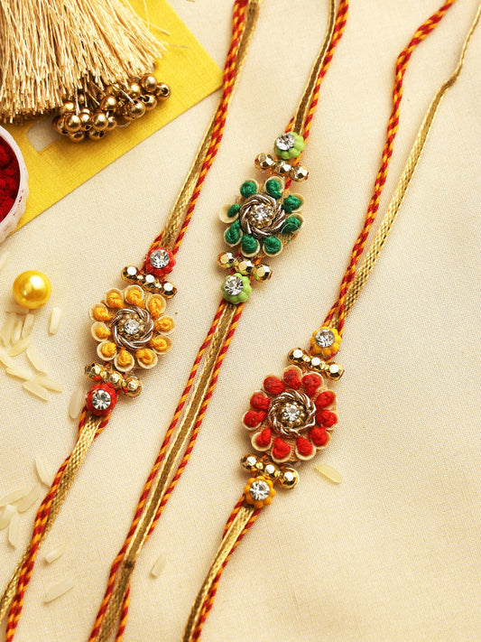 Beautiful Thread-Word and Gold Beads Rakhi Set of Three - Only Rakhi (PST22708_3)