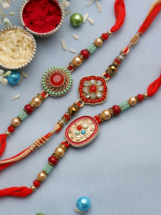 Coral and Turquoise Fancy Rakhi set of Three - Only Rakhi (PST22732_3)