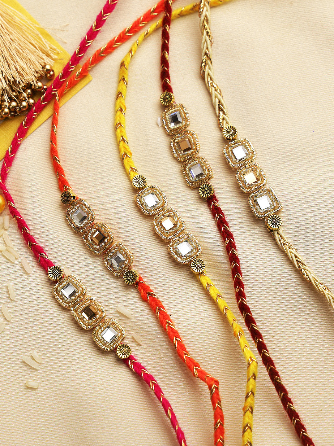 Dazzling Gold Toned Mirror-work Rakhi Set of Five - Only Rakhi (PST22803_5)