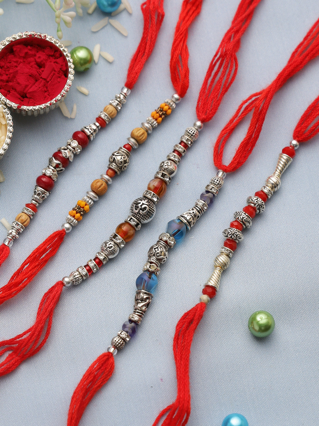 Beautiful Silver Beads Rakhi Set of Five - Only Rakhi (PST22812_5)