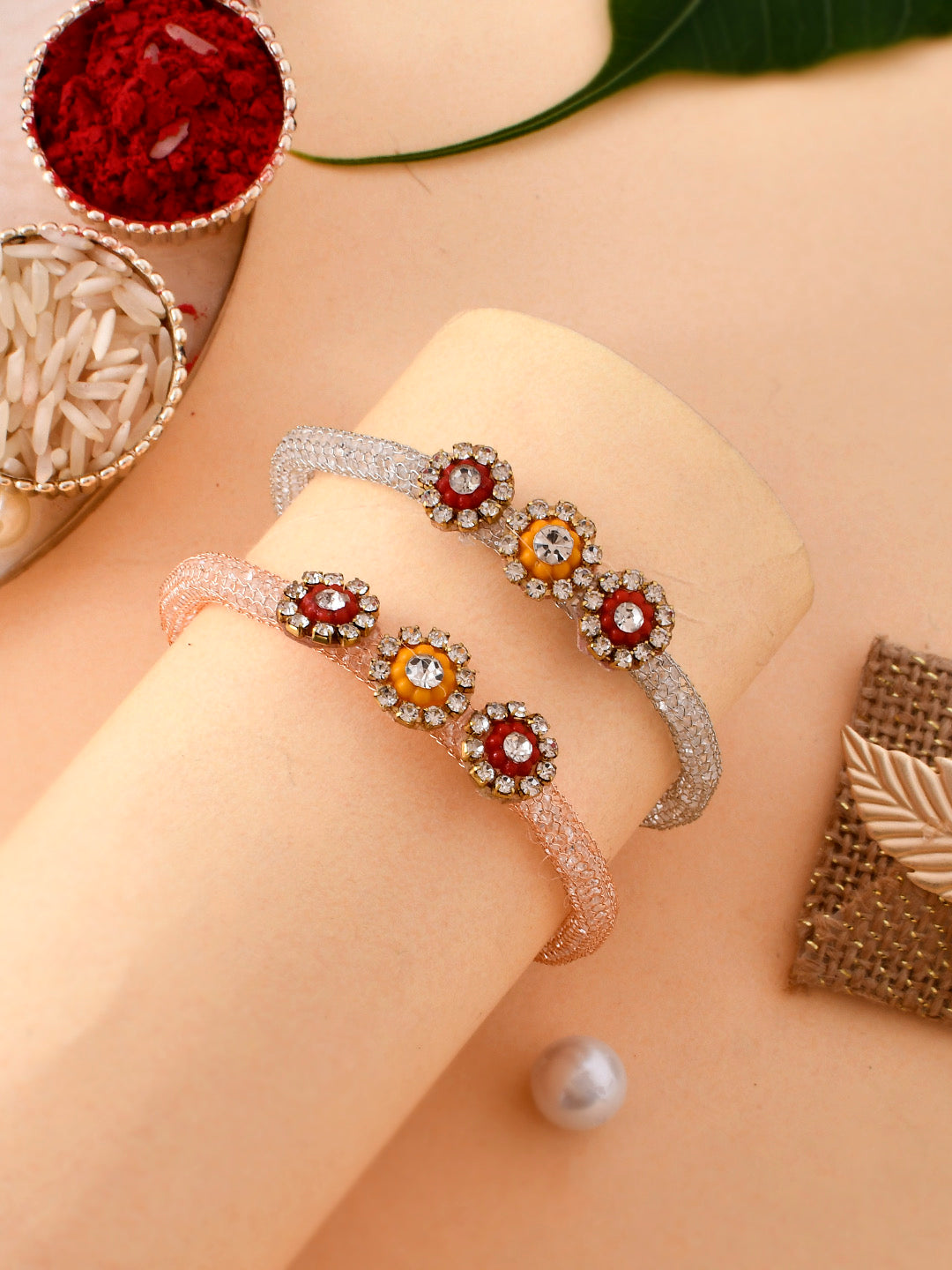 Dazzling Ornate Bracelet Rakhi with Crystal Stones Band Set of Two - Only Rakhi (PST2310_2)