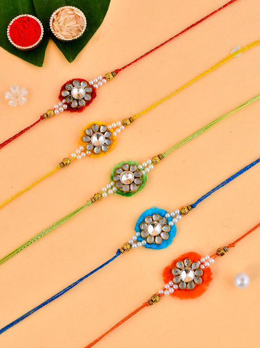 Set Of 5 Kundan & Pearl Crafted Resham Bhaiya Rakhi - Only Rakhi (PST23111_5)