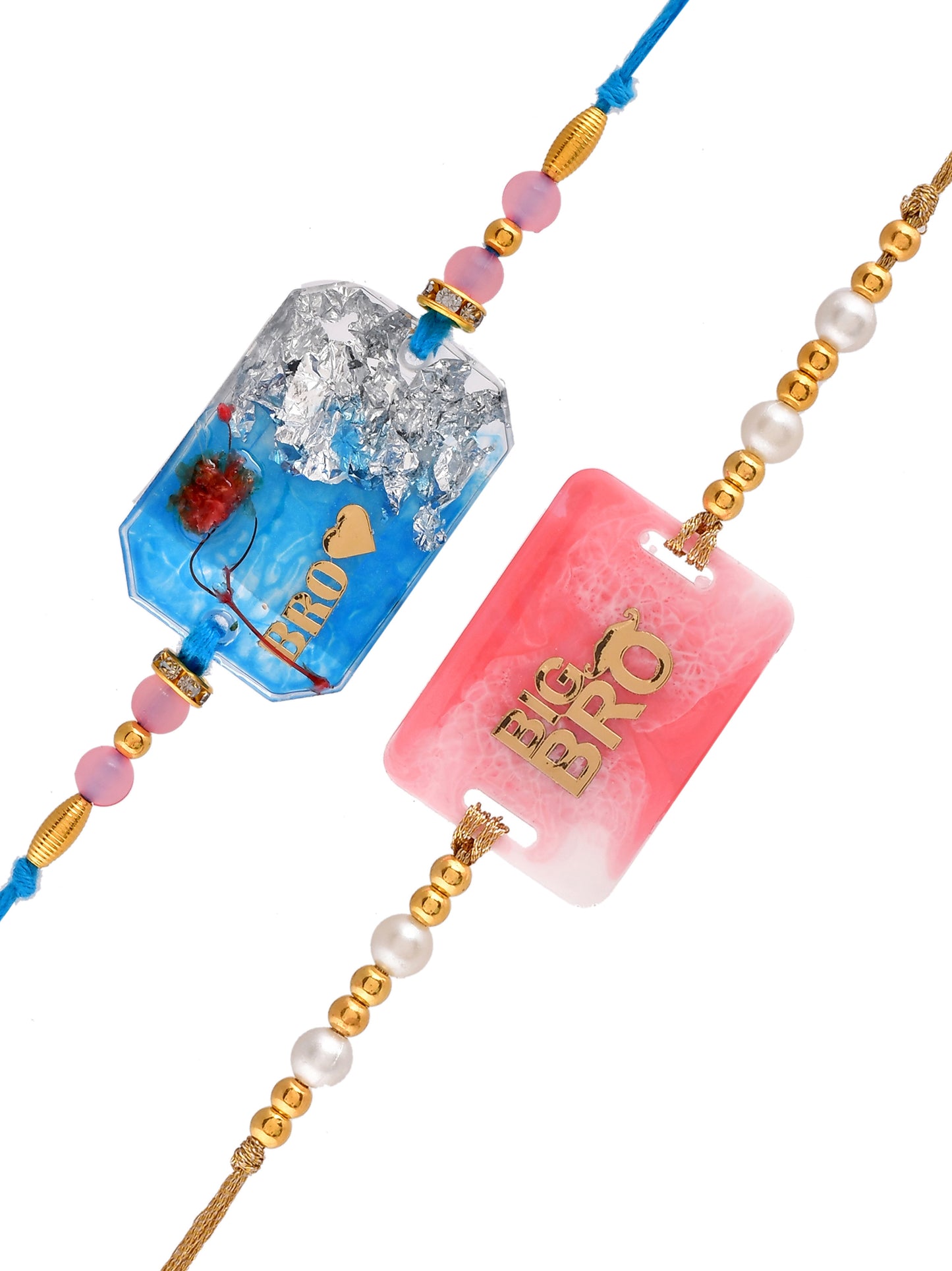 Set Of 2 Pink & Blue ‘Love Bro’ Beaded Resin Rakhi - Only Rakhi (PST2327_2)
