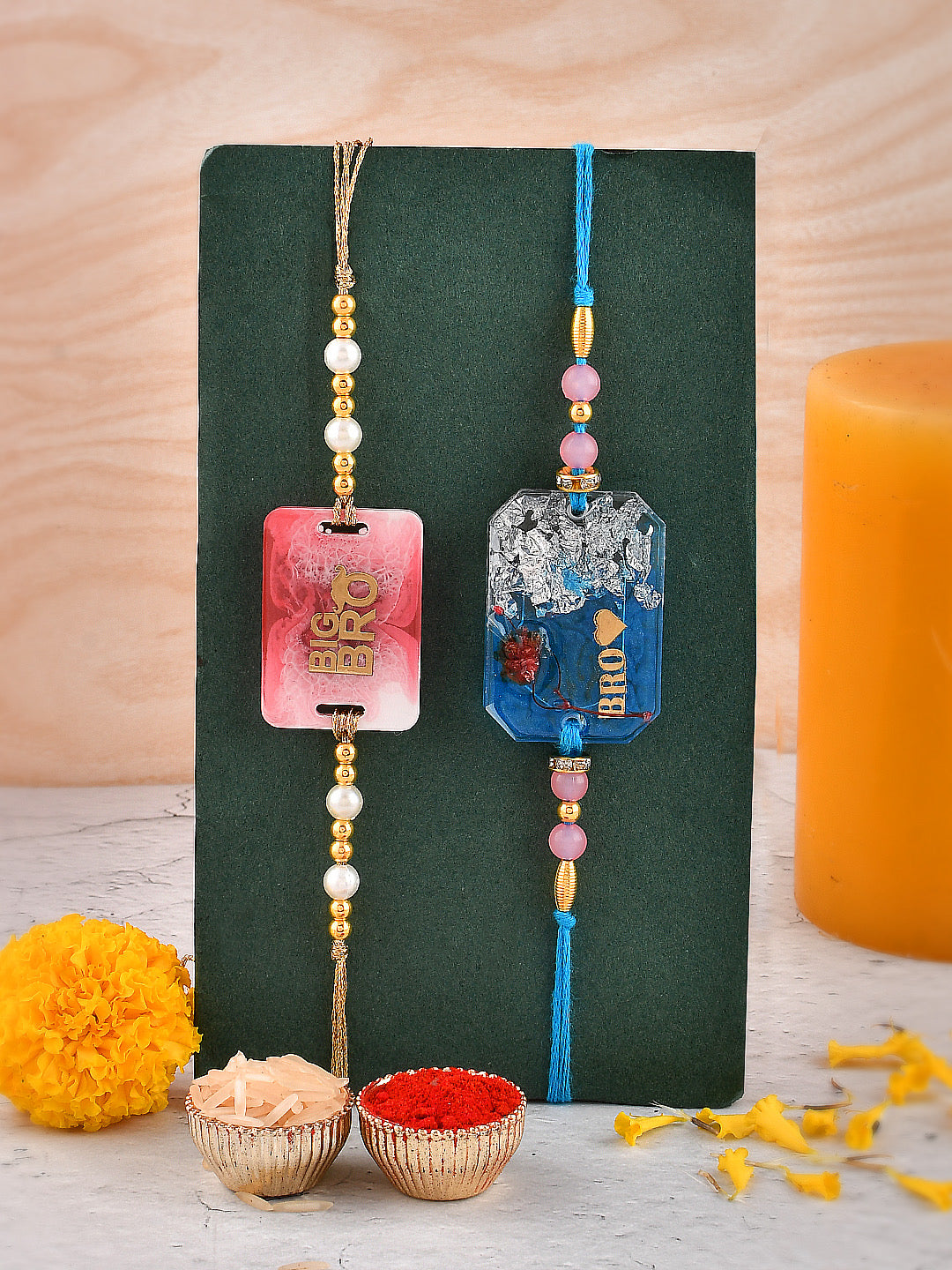 Set Of 2 Pink & Blue ‘Love Bro’ Beaded Resin Rakhi - Only Rakhi (PST2327_2)