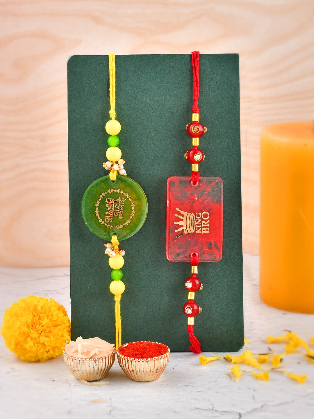 Set Of 2 Red & Green Designer Resin BRO Rakhi - Only Rakhi (PST2329_2)
