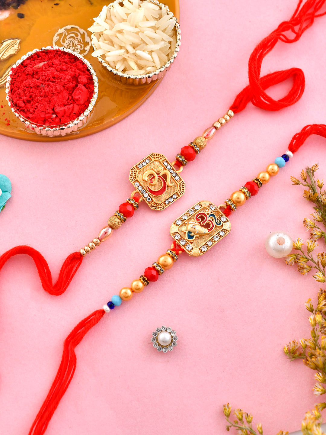 Set Of 2 Metal & Swarosvki Engraved Beaded OM Rakhi - Only Rakhi (PST2336_2)