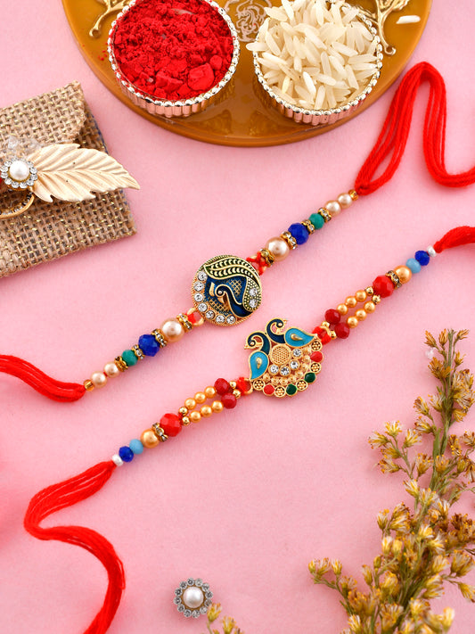 Set Of 2 Metal & Swarosvki Engraved Beaded Peacock Rakhi - Only Rakhi (PST2339_2)