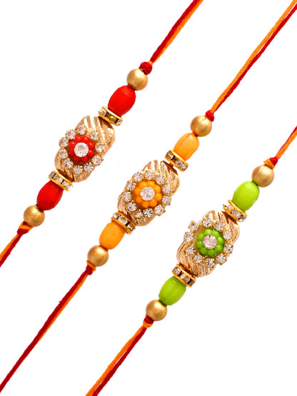 Set Of 3 Metal Embellished & Beaded Floral Rakhi  - Only Rakhi (PST2352_3)
