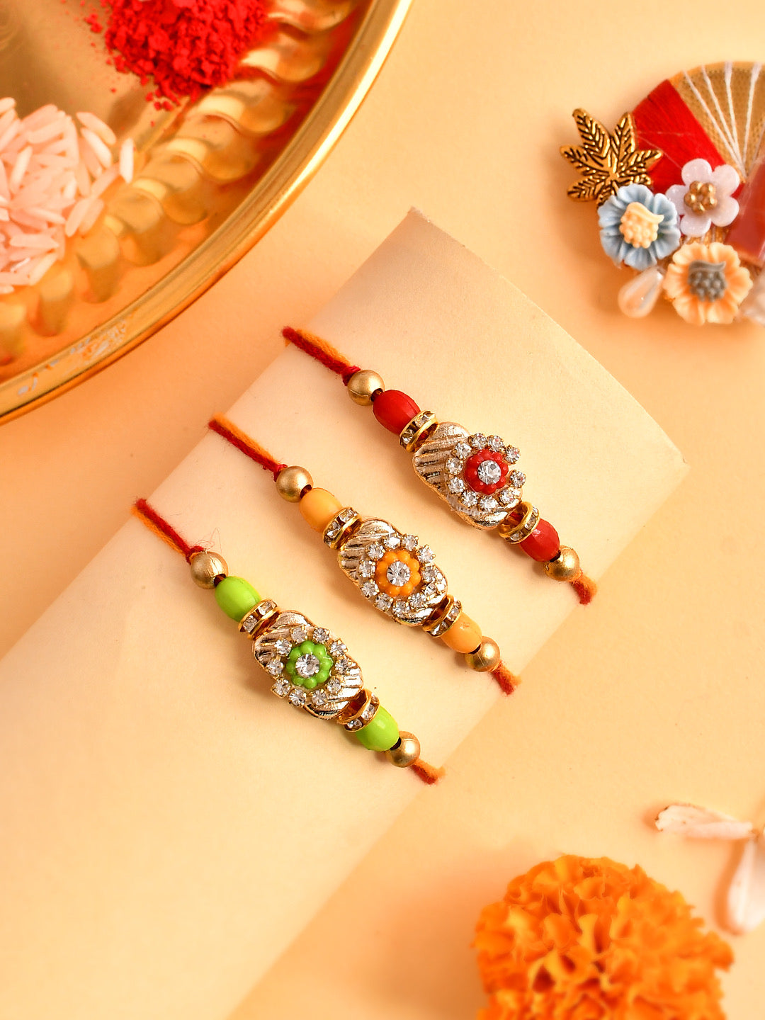 Set Of 3 Metal Embellished & Beaded Floral Rakhi  - Only Rakhi (PST2352_3)