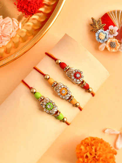 Set Of 3 Metal Embellished & Beaded Floral Rakhi  - Only Rakhi (PST2352_3)