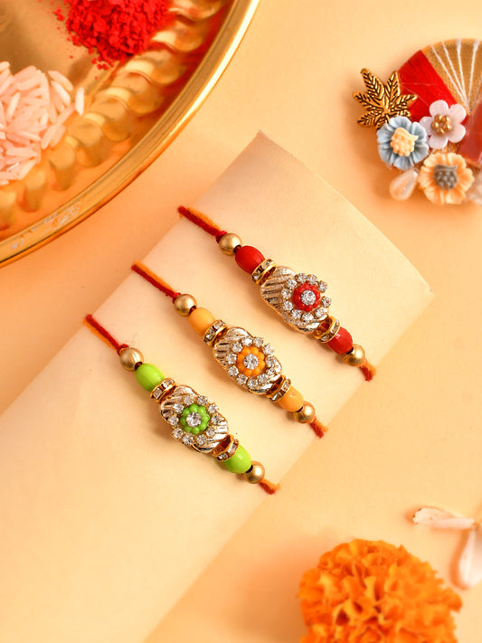 Set Of 3 Metal Embellished & Beaded Floral Rakhi  - Only Rakhi (PST2352_3)
