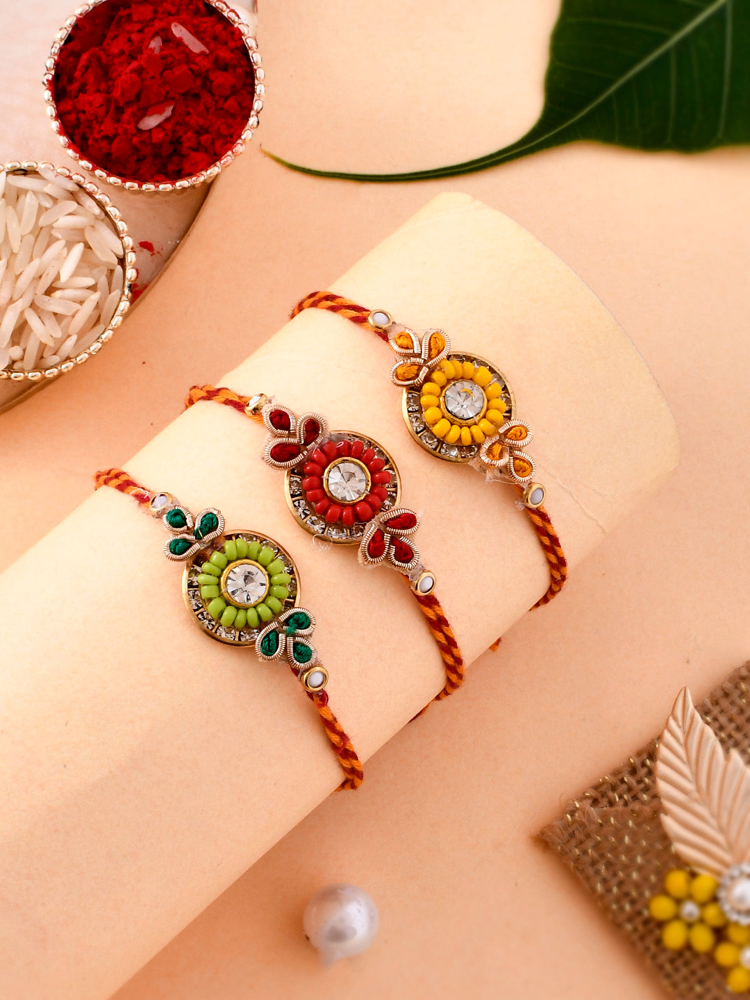 Artisanal Kundan and Beads crafted Rakhi Set of Three - Only Rakhi (PST2354_3)