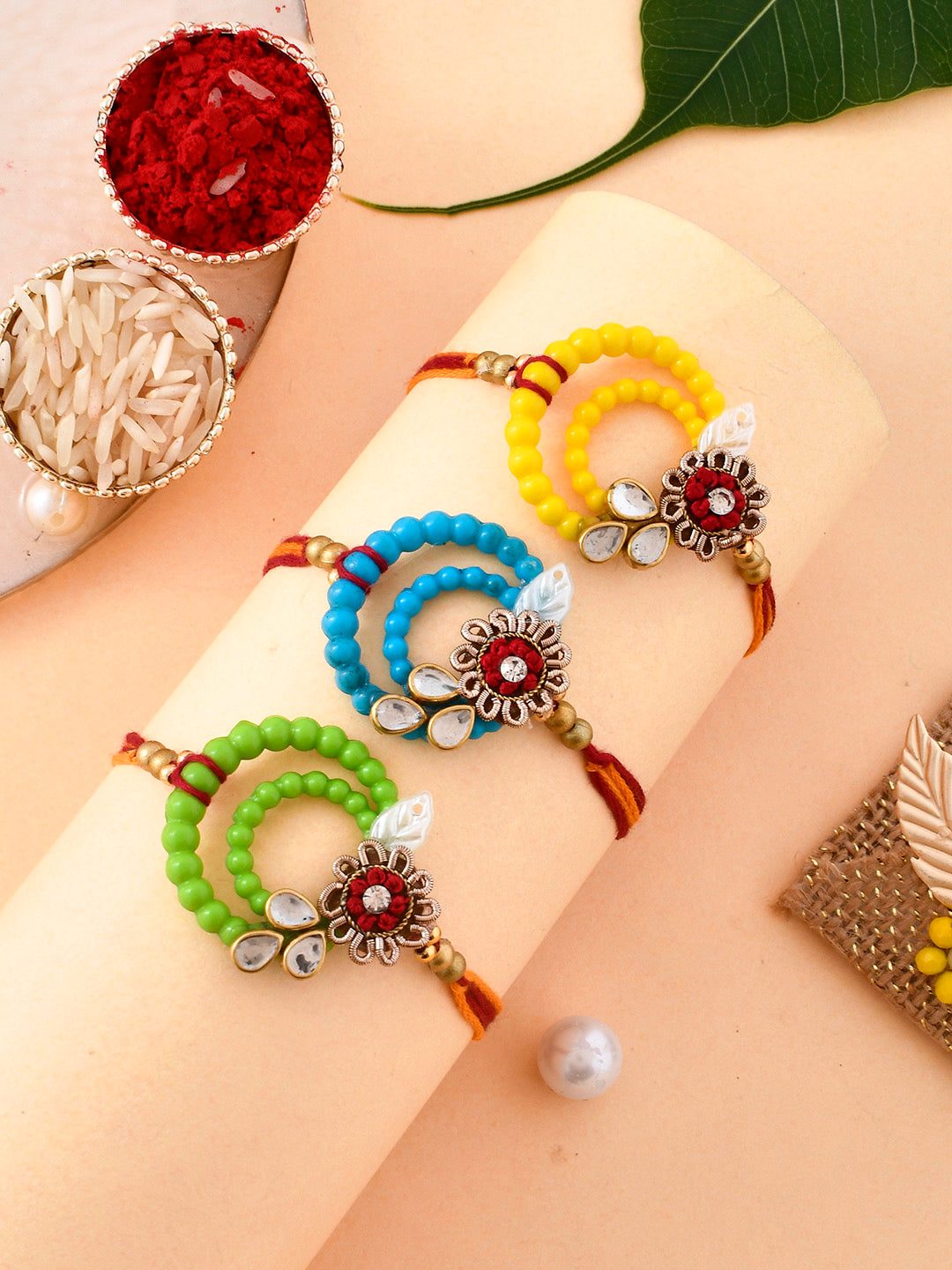 Circular Design Beads Vibrant Rakhi Set of Three - Only Rakhi (PST2356_3)