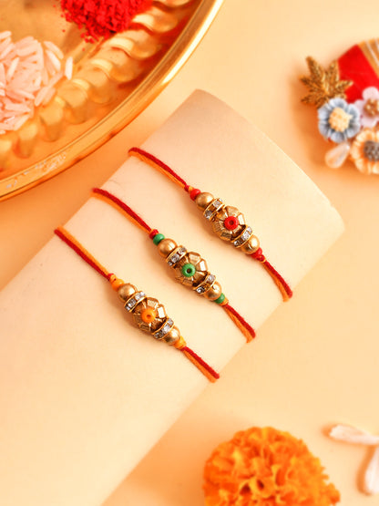 Set of 3 Golden Metal & Floral Beaded Rakhi  - Only Rakhi (PST2361_3)