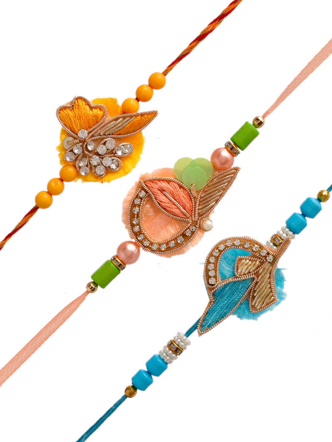 Set of 3 Zardosi Patchwork Crafted Resham-Based Pastel Rakhi - Only Rakhi (PST2367_3)