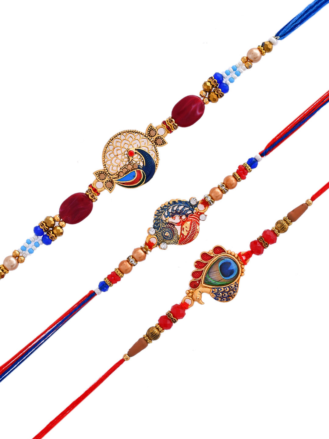 Set Of 3 Whimsically Handcrafted Red and Blue Peacock Rakhi - Only Rakhi (PST2371_3)