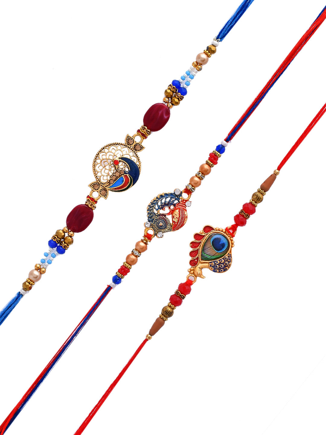 Set Of 3 Whimsically Handcrafted Red and Blue Peacock Rakhi - Only Rakhi (PST2371_3)